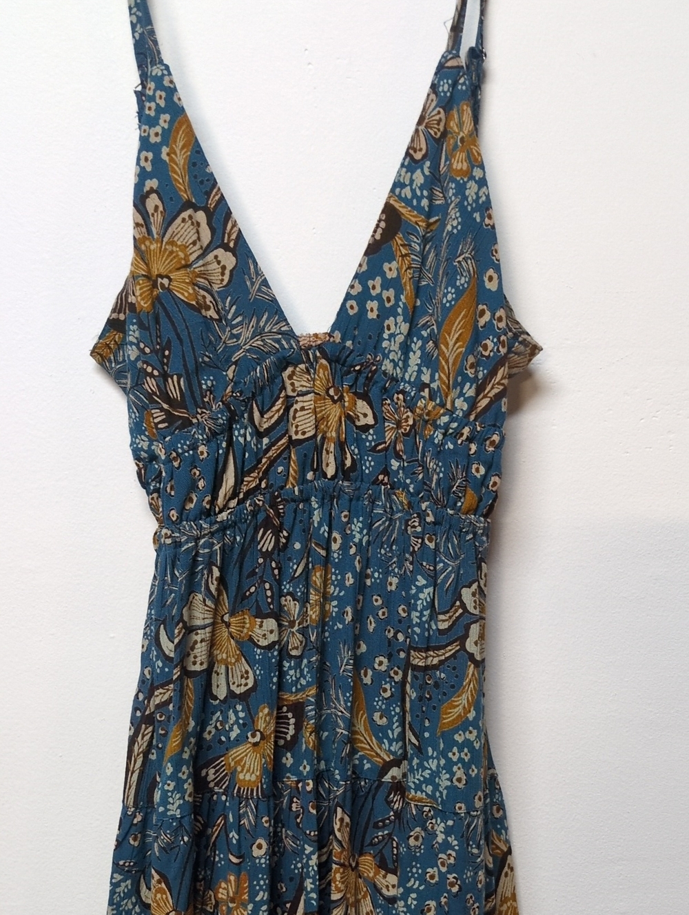 Angie Boho Floral Tie Back Cutout Tiered Mini Dress Teal Yellow, Size L - Picture 4 of 11